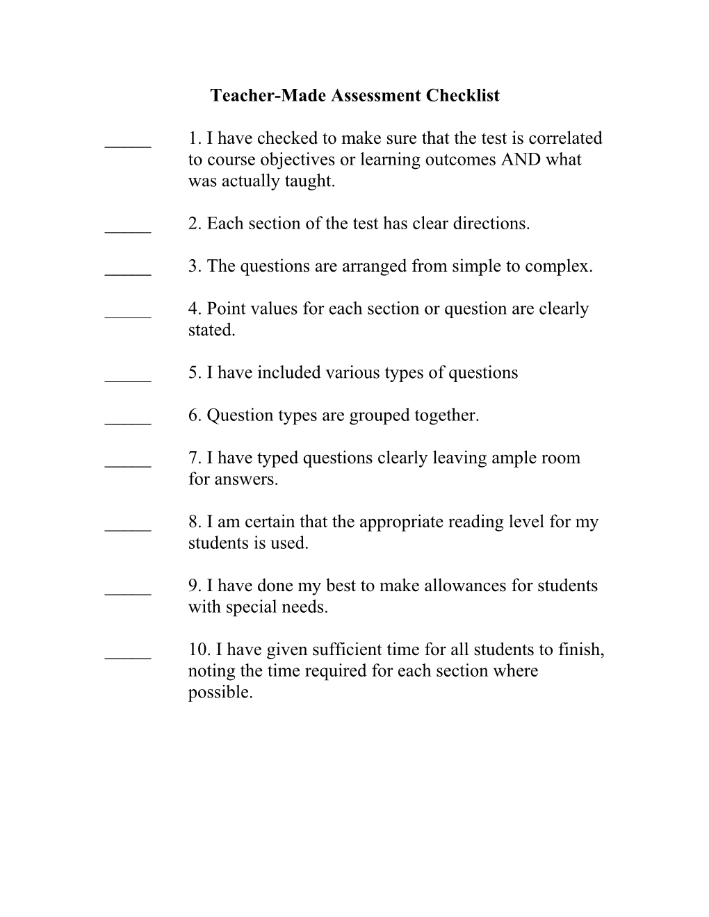 Teacher-Made Assessment Checklist