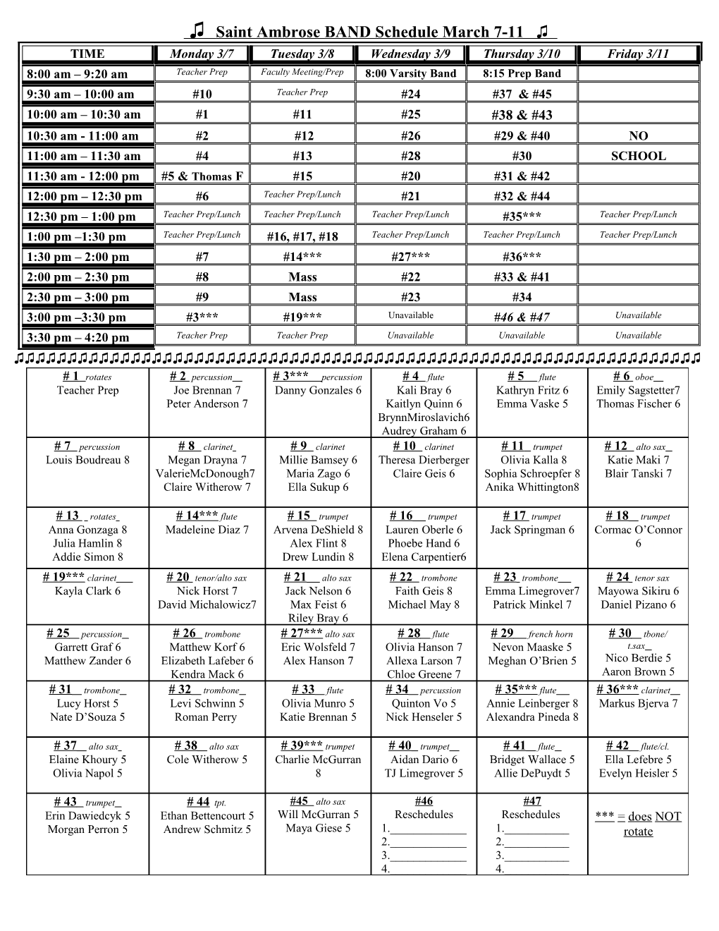 Saint Ambrose BAND Schedule September 10-14