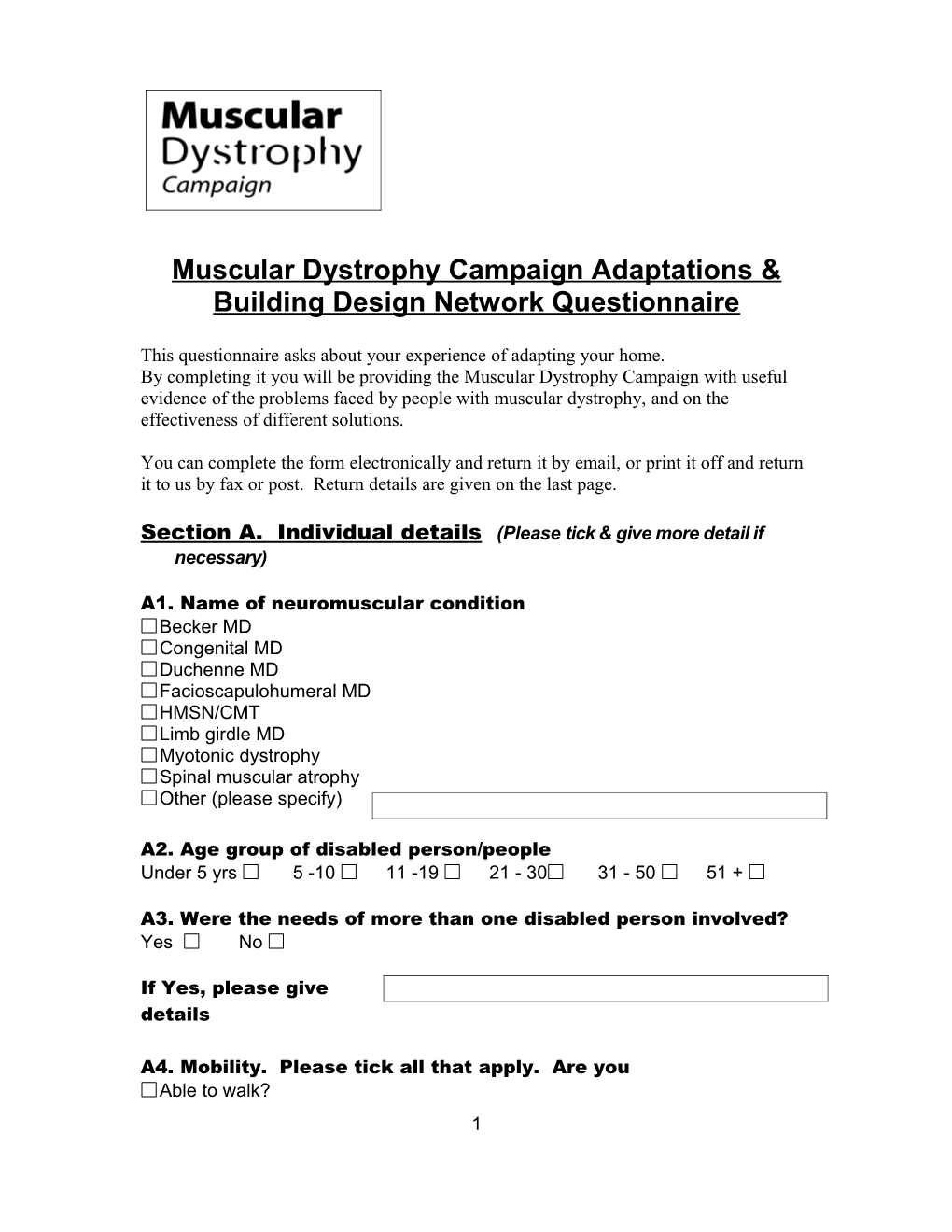 Muscular Dystrophy Adaptations & Building Design Network Questionnaire