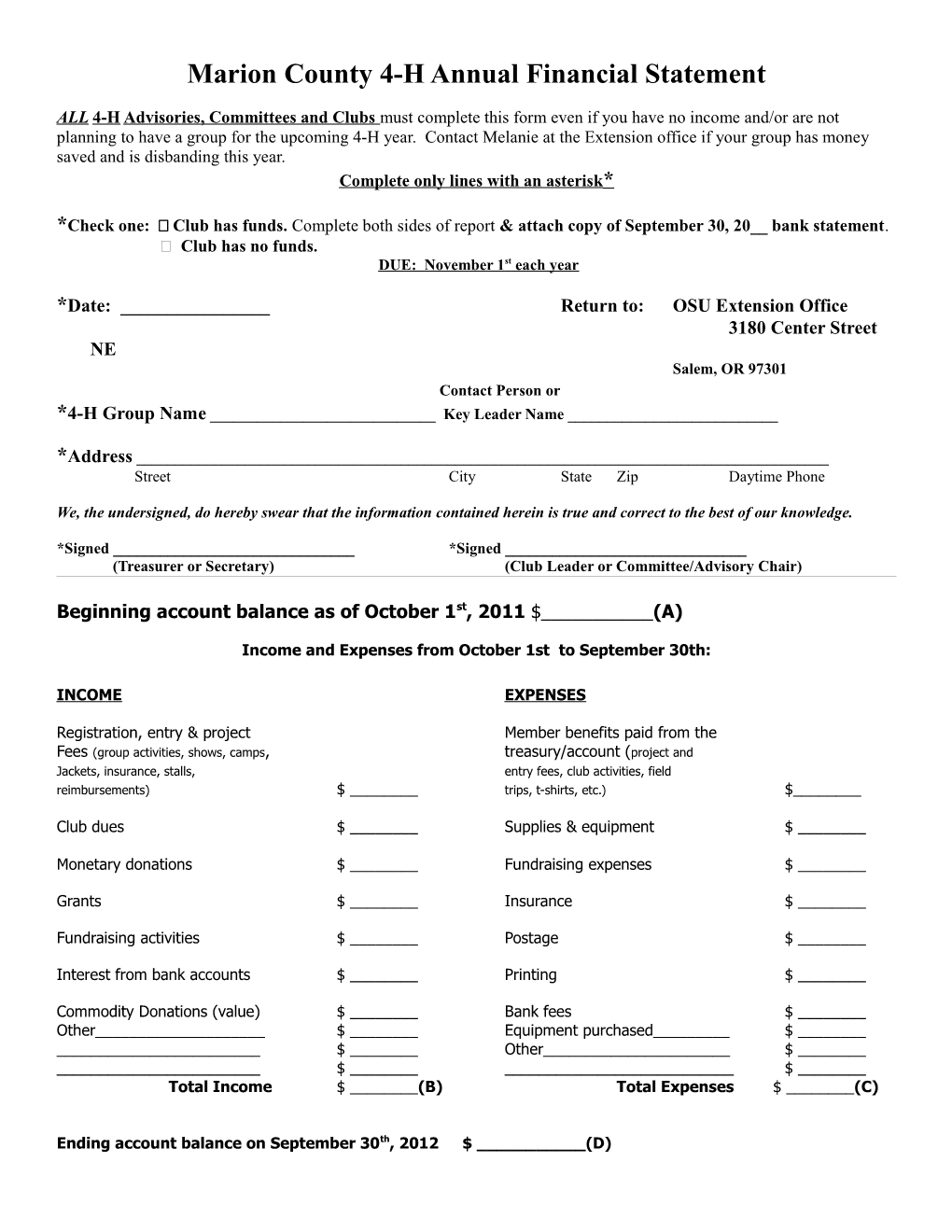 Marion County 4-H Annual Financial Statement