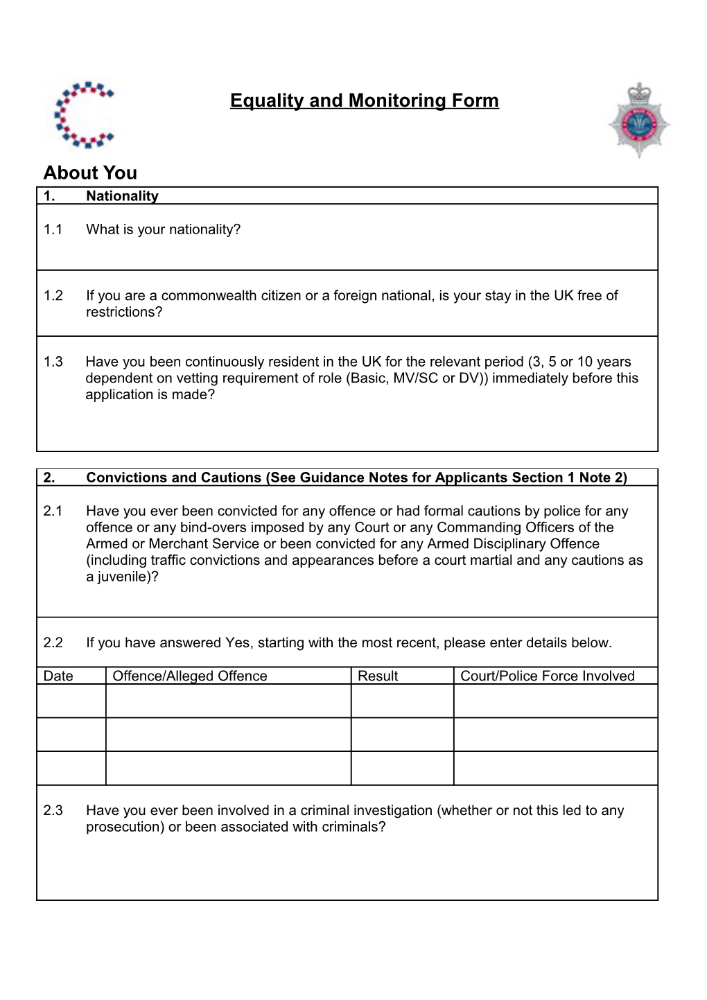 Equality and Monitoring Form