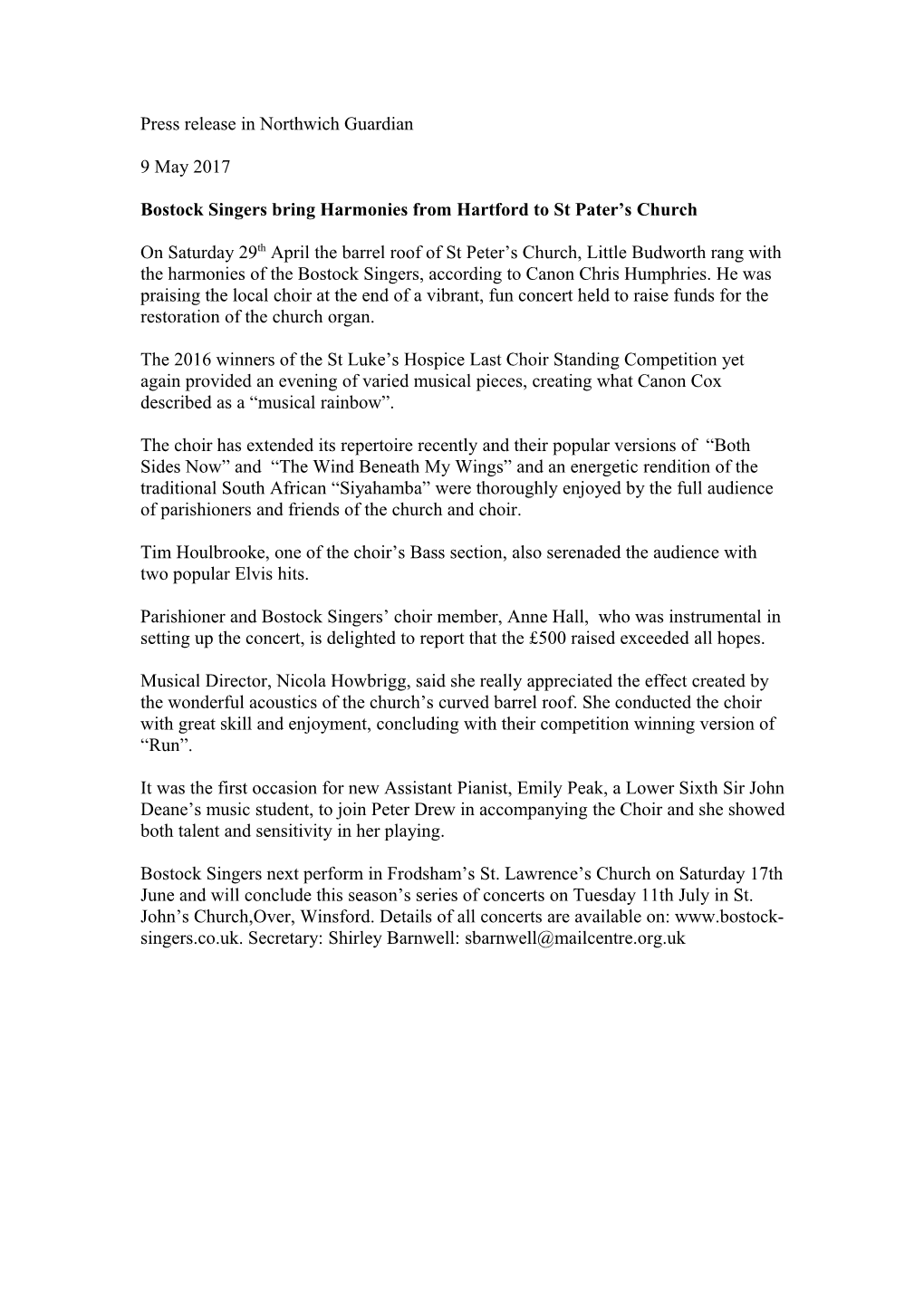 Press Release from Bostock Singers for Northwich and Winsford Guardian