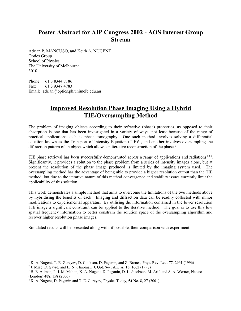 Poster Abstract for AIP Congress 2002 - AOS Interest Group Stream