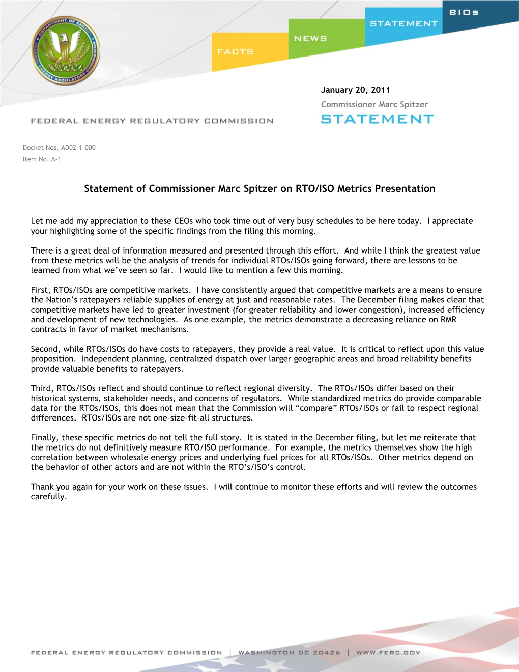 Statement of Commissioner Marc Spitzer on RTO/ISO Metrics Presentation