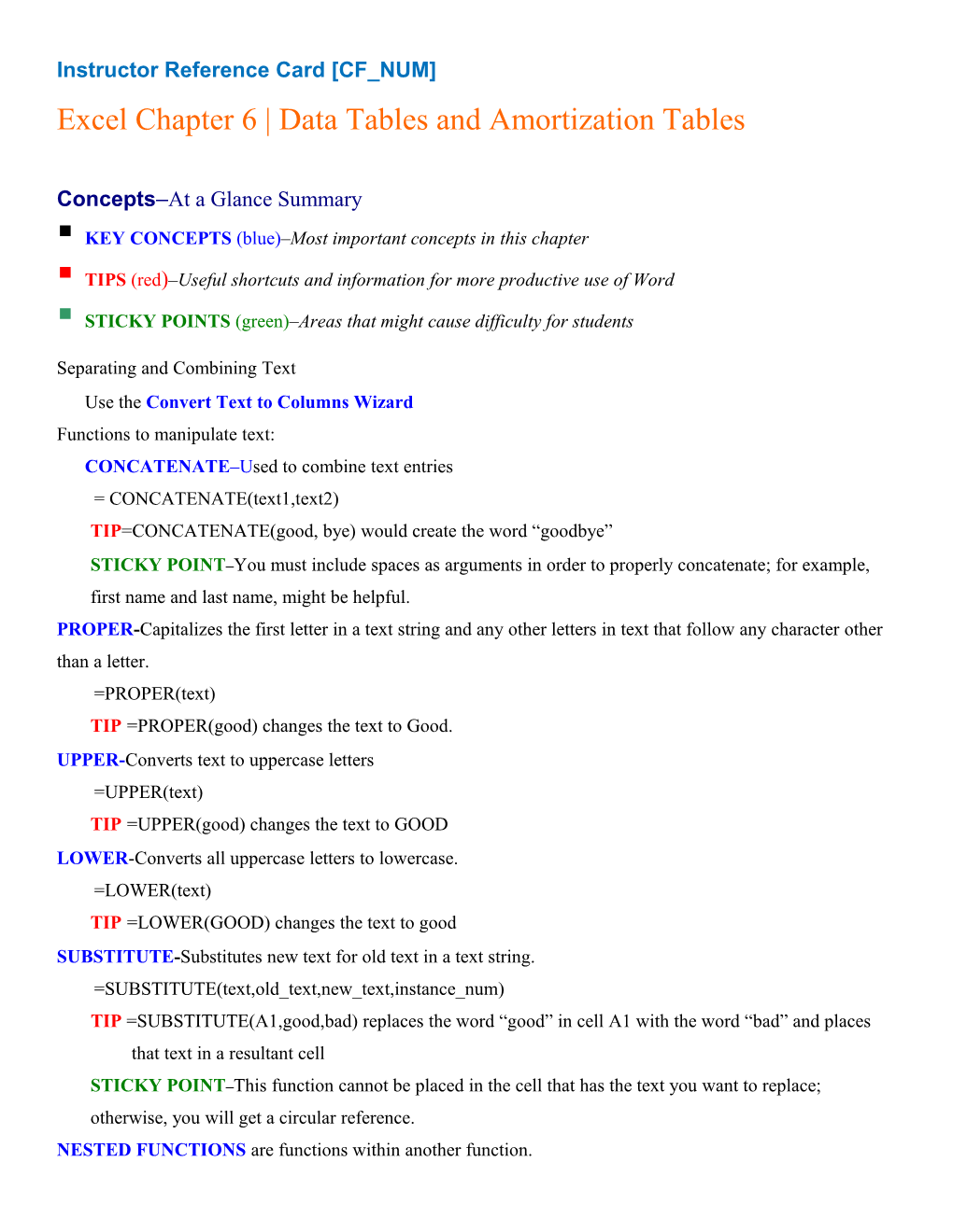 Instructor Reference Card