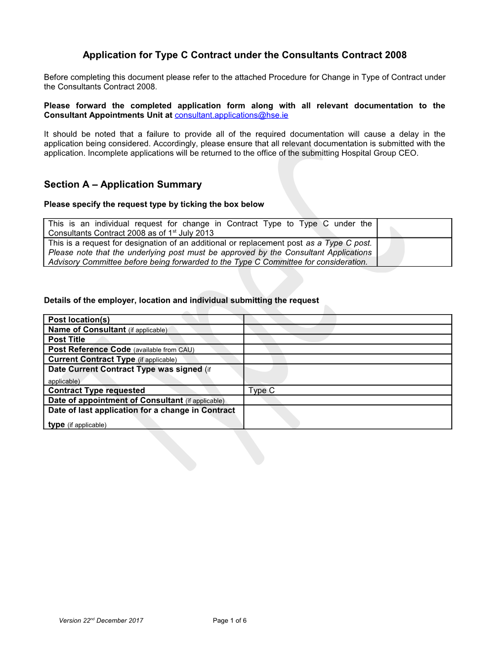 Application for Type C Contract Under the Consultants Contract 2008 (As at 1St July 2013)