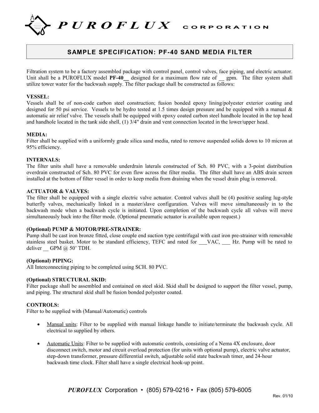 Sample Specification: Pf-40 Sand Media Filter