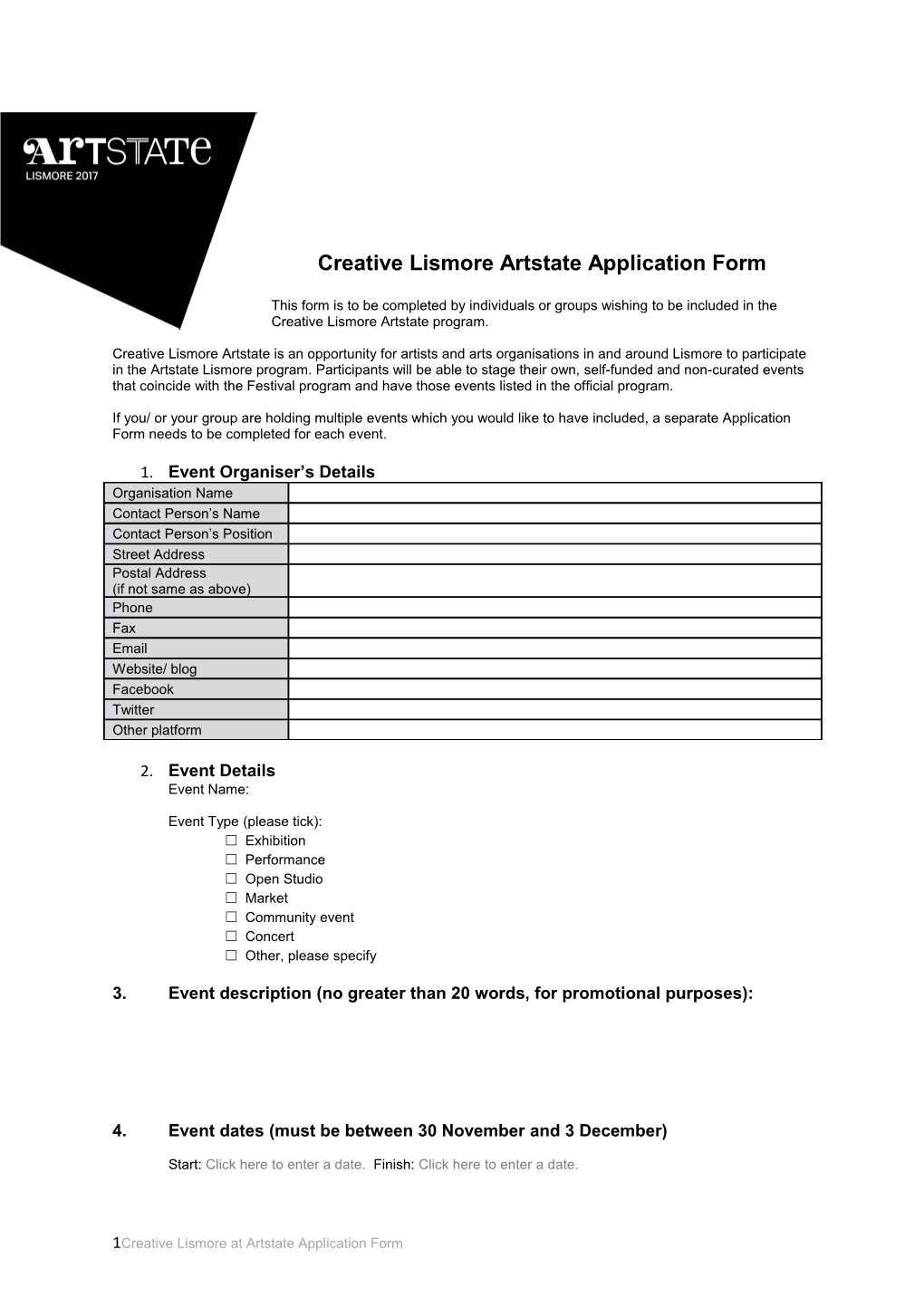 Creative Lismore Artstate Application Form