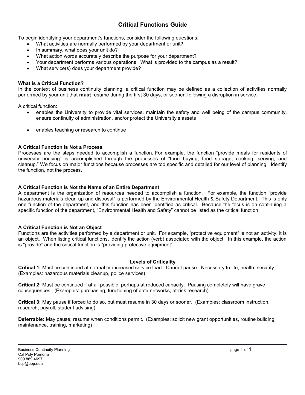 Critical Functions Guide