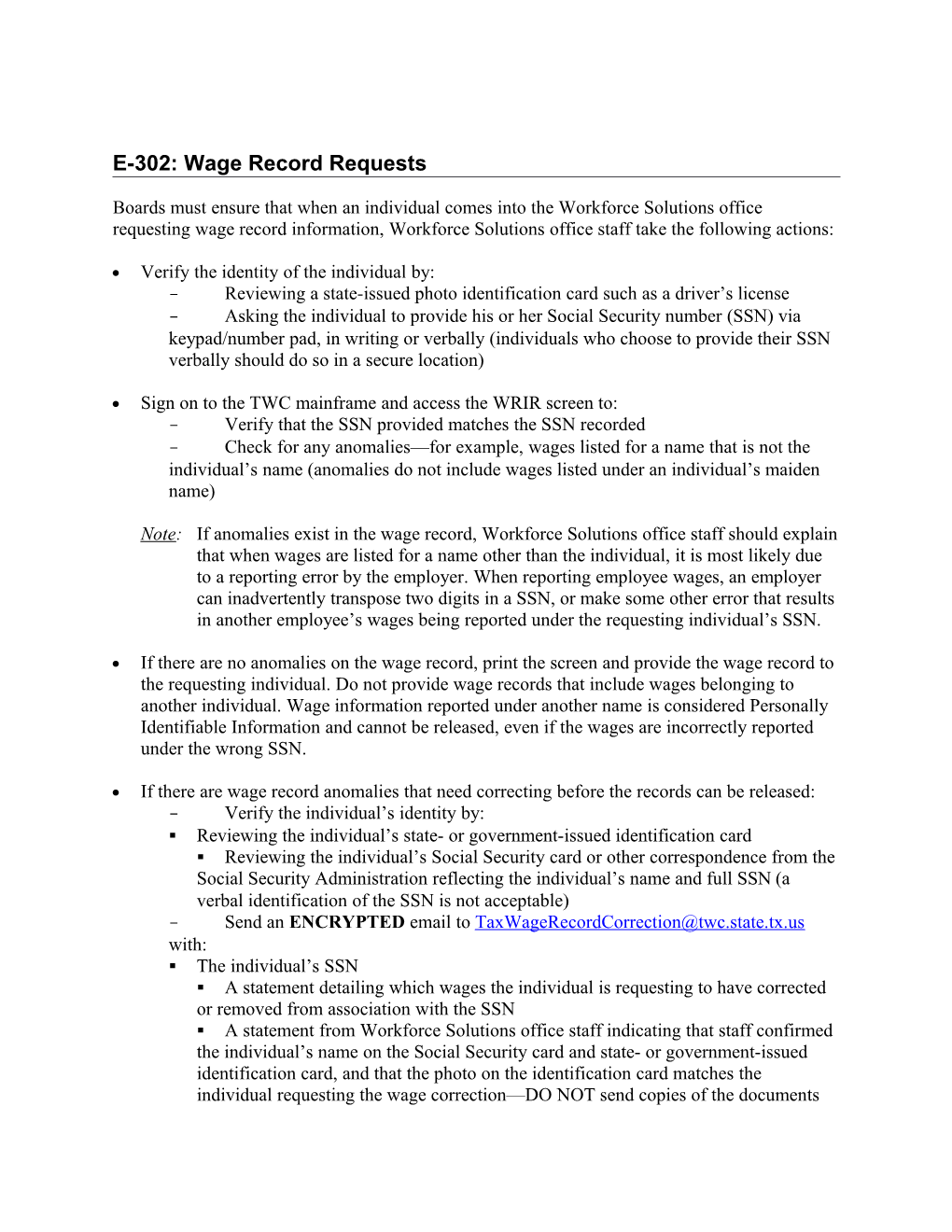 ES Guide Revision to E-302 Wage Record Requests