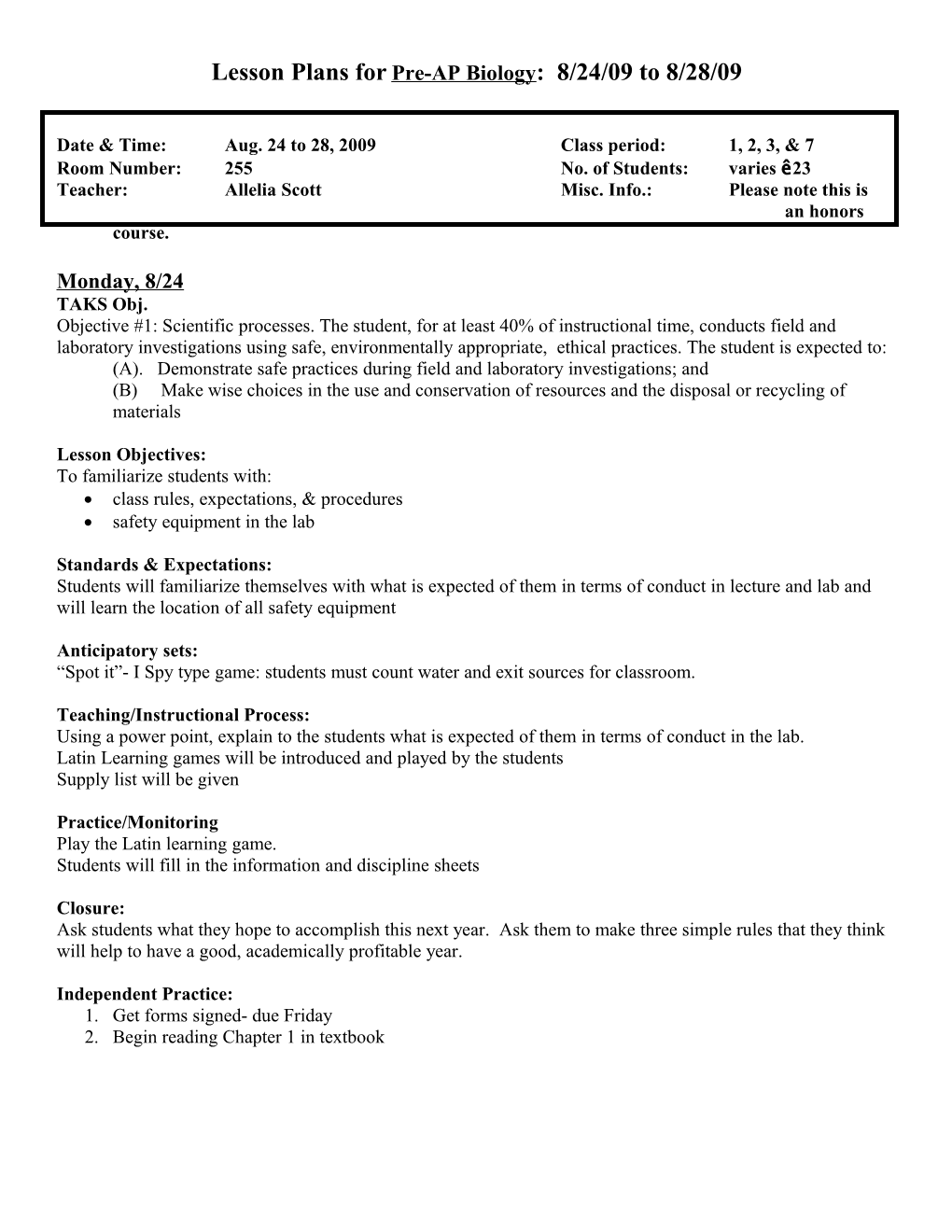 Lesson Plans For Pre-AP Biology: 8/24/09 To 8/28/09