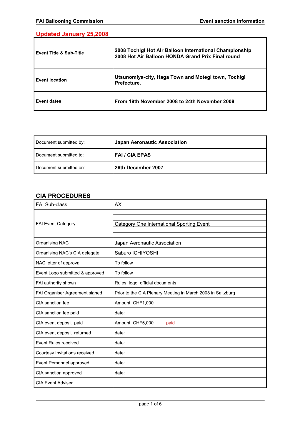 FAI Ballooning Commissionevent Sanction Information