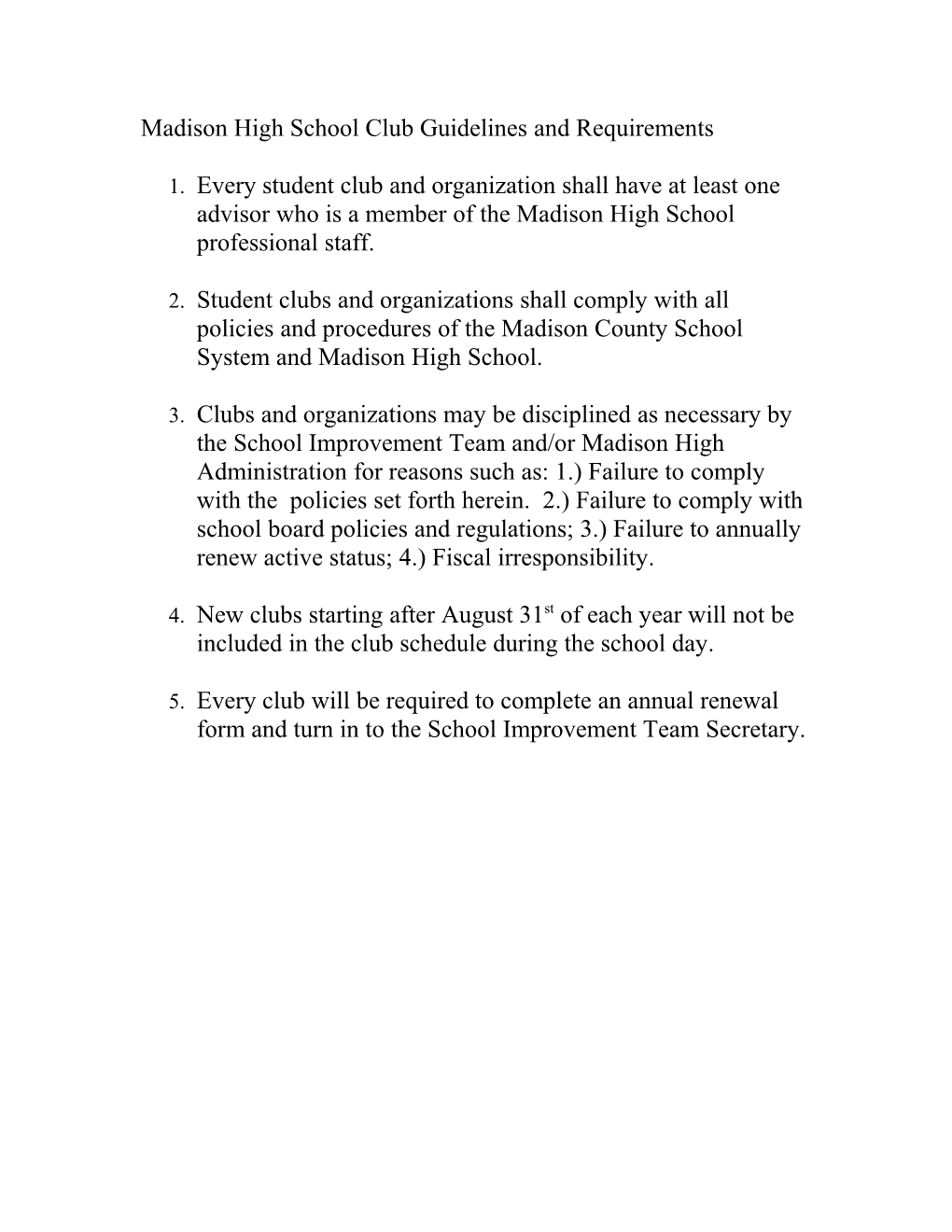 Madison High School Club Guidelines and Requirements