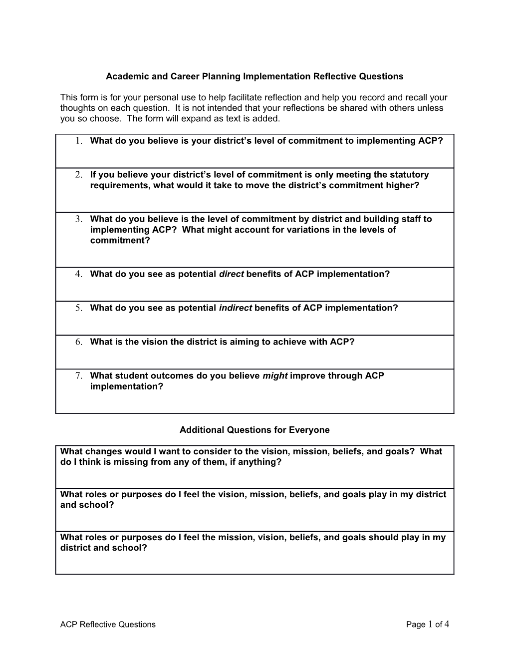Academic and Career Planning Implementation Reflective Questions
