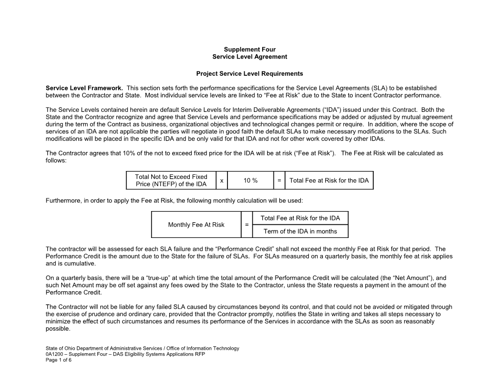 Project Service Level Requirements