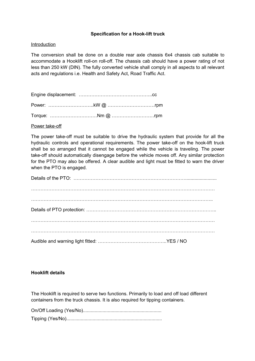 Specification for a Hook-Lift Truck