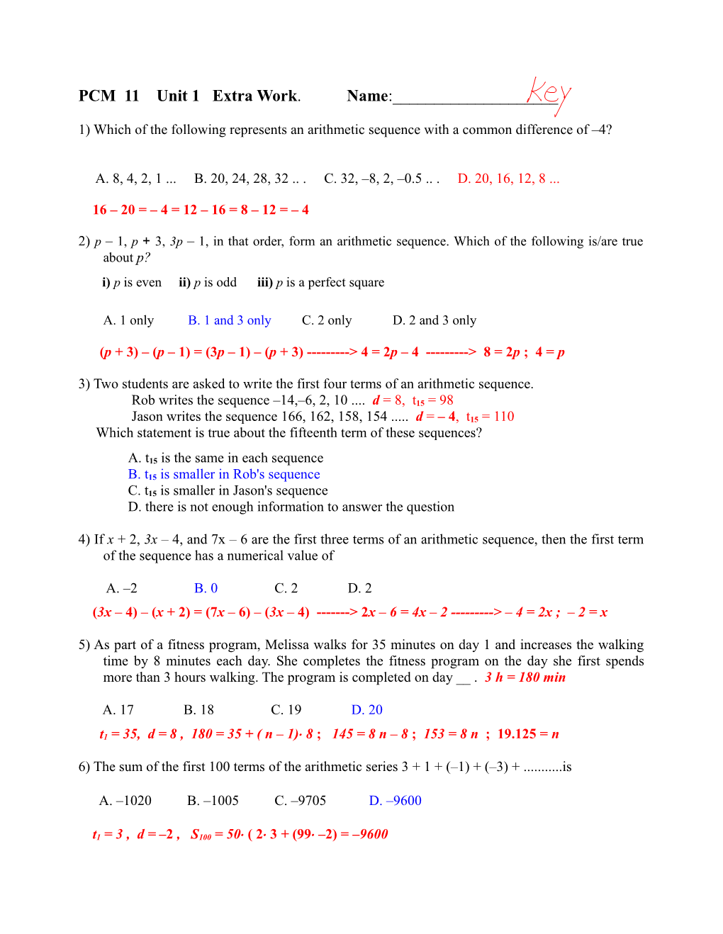 1) Which of the Following Represents an Arithmetic Sequence with a Common Difference of 4?