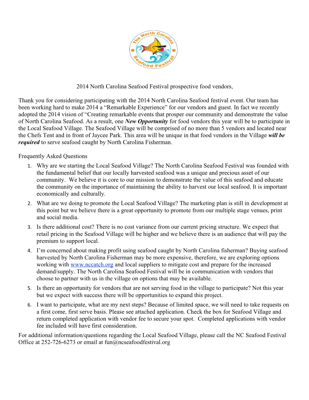 2014 North Carolina Seafood Festival Prospective Food Vendors