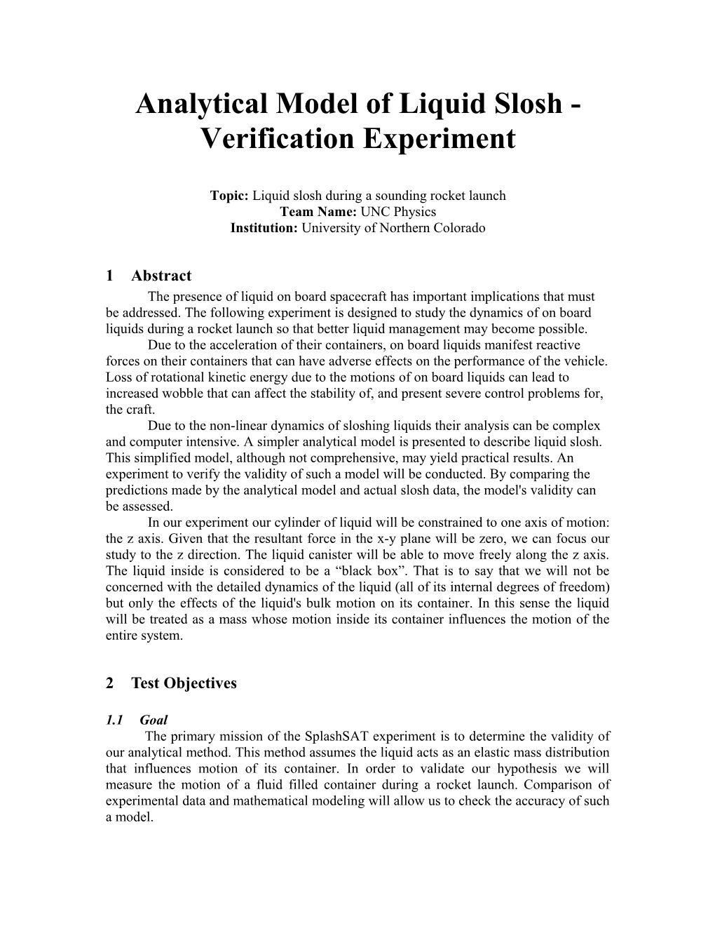 Analytical Model of Liquid Slosh - Verification Experiment