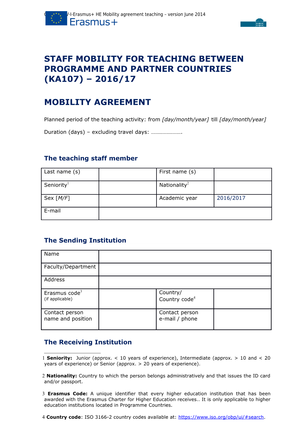 Staff Mobility for Teaching Between Programme and Partner Countries (Ka107) 2016/17