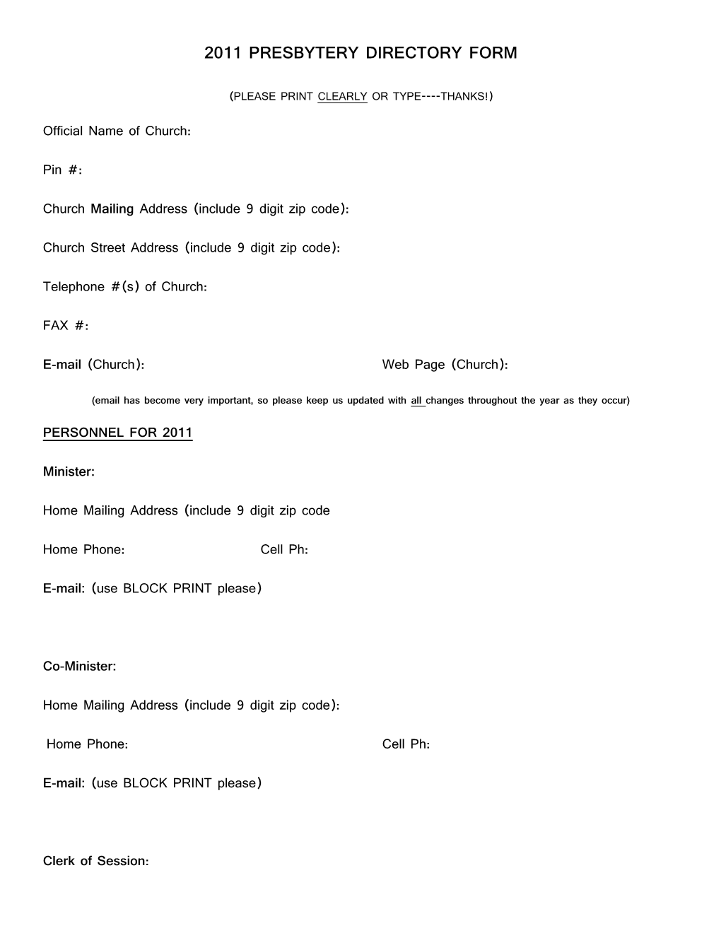 2008 Presbytery Directory Form