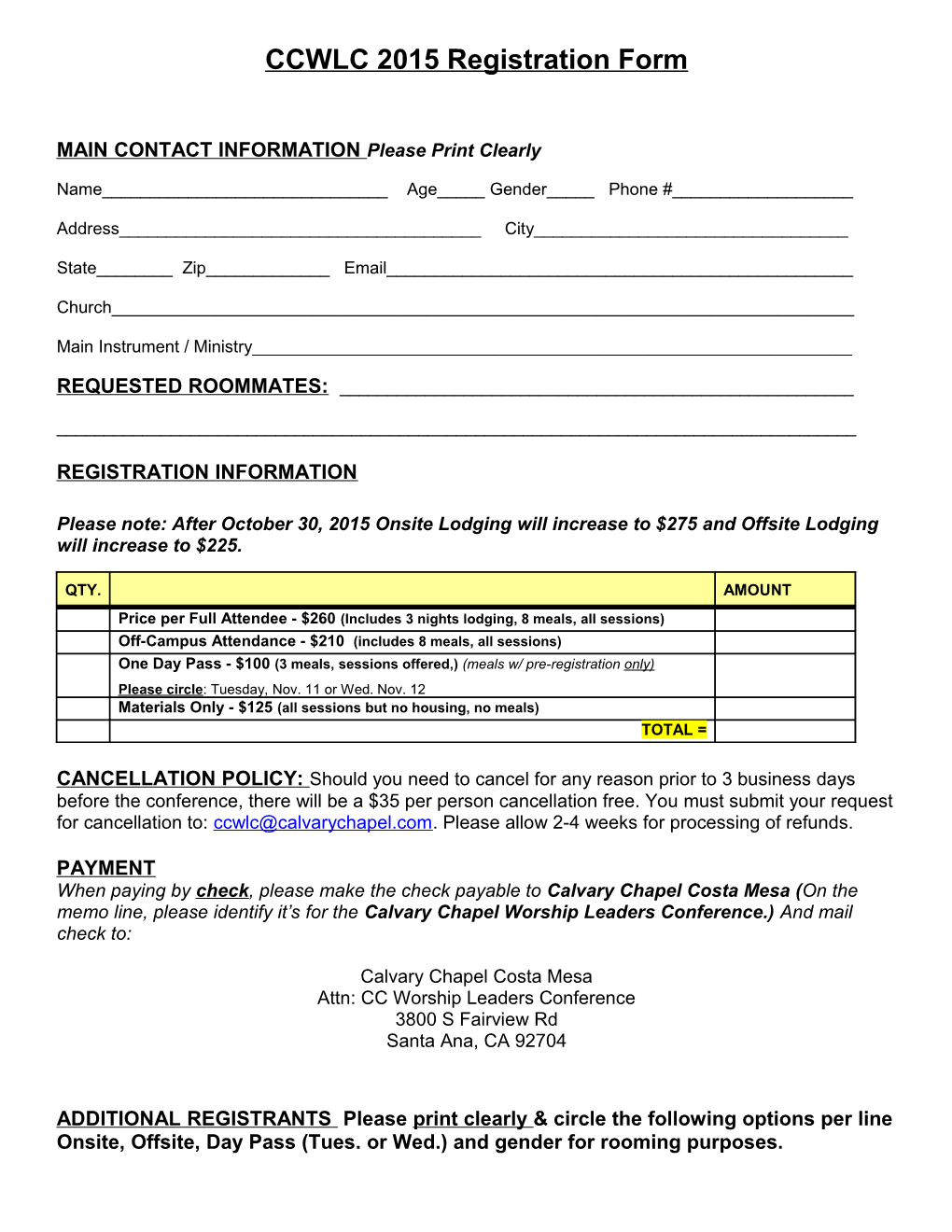 Pure Worship 2005 Registration Form