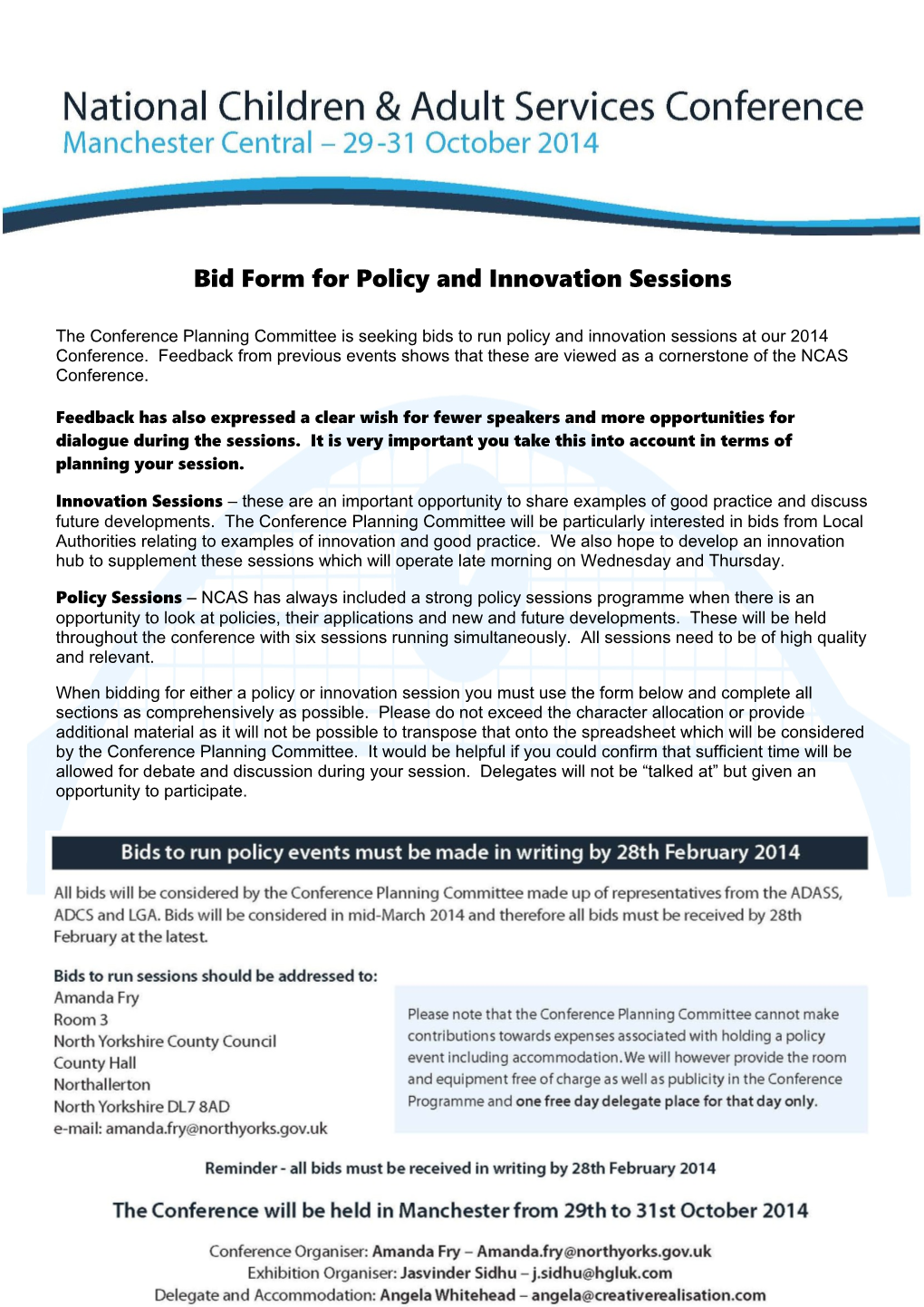 Bid Form for Policy and Innovation Sessions