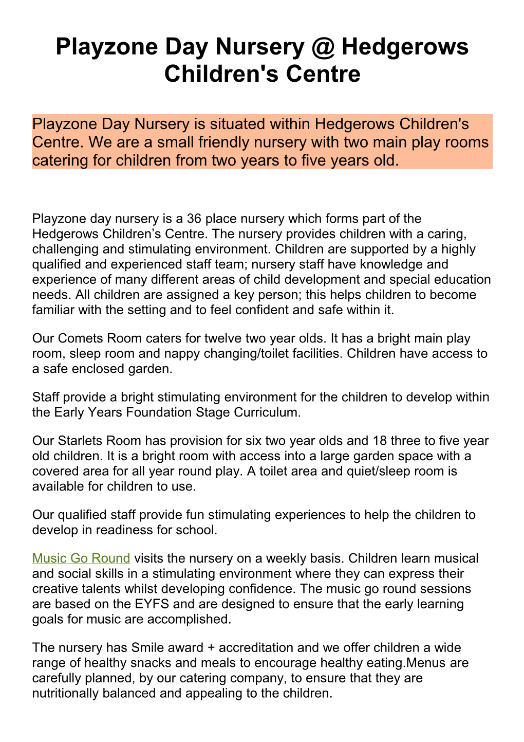 Playzone Day Nursery Hedgerows Children's Centre