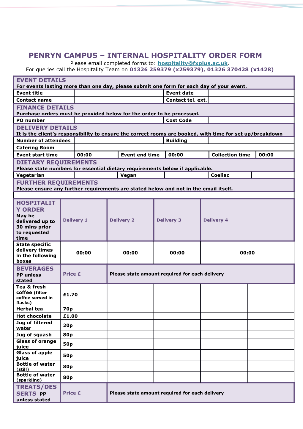 Penryn Campus Internal Hospitality Order Form