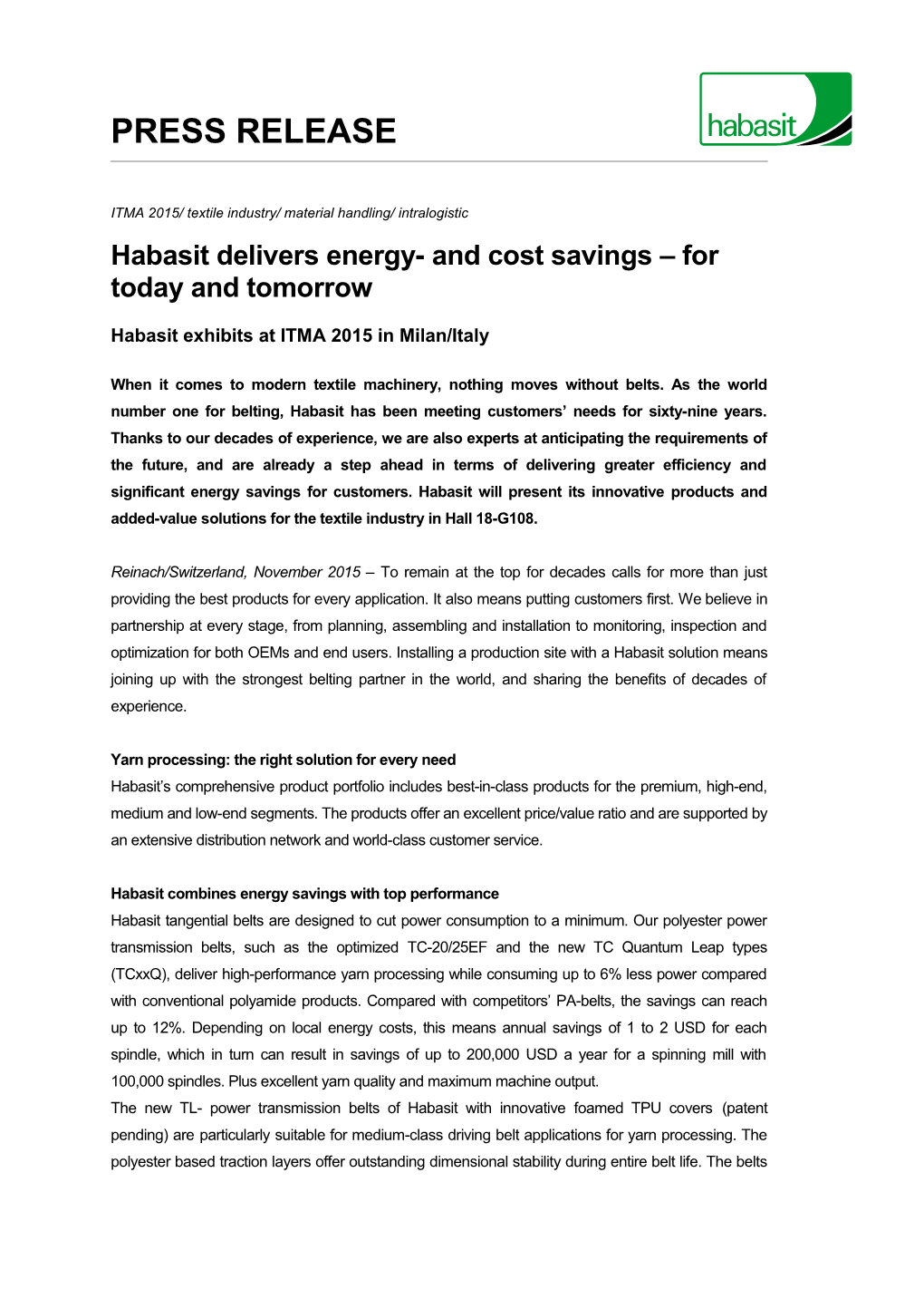 Habasit Delivers Energy- and Cost Savings for Today and Tomorrow