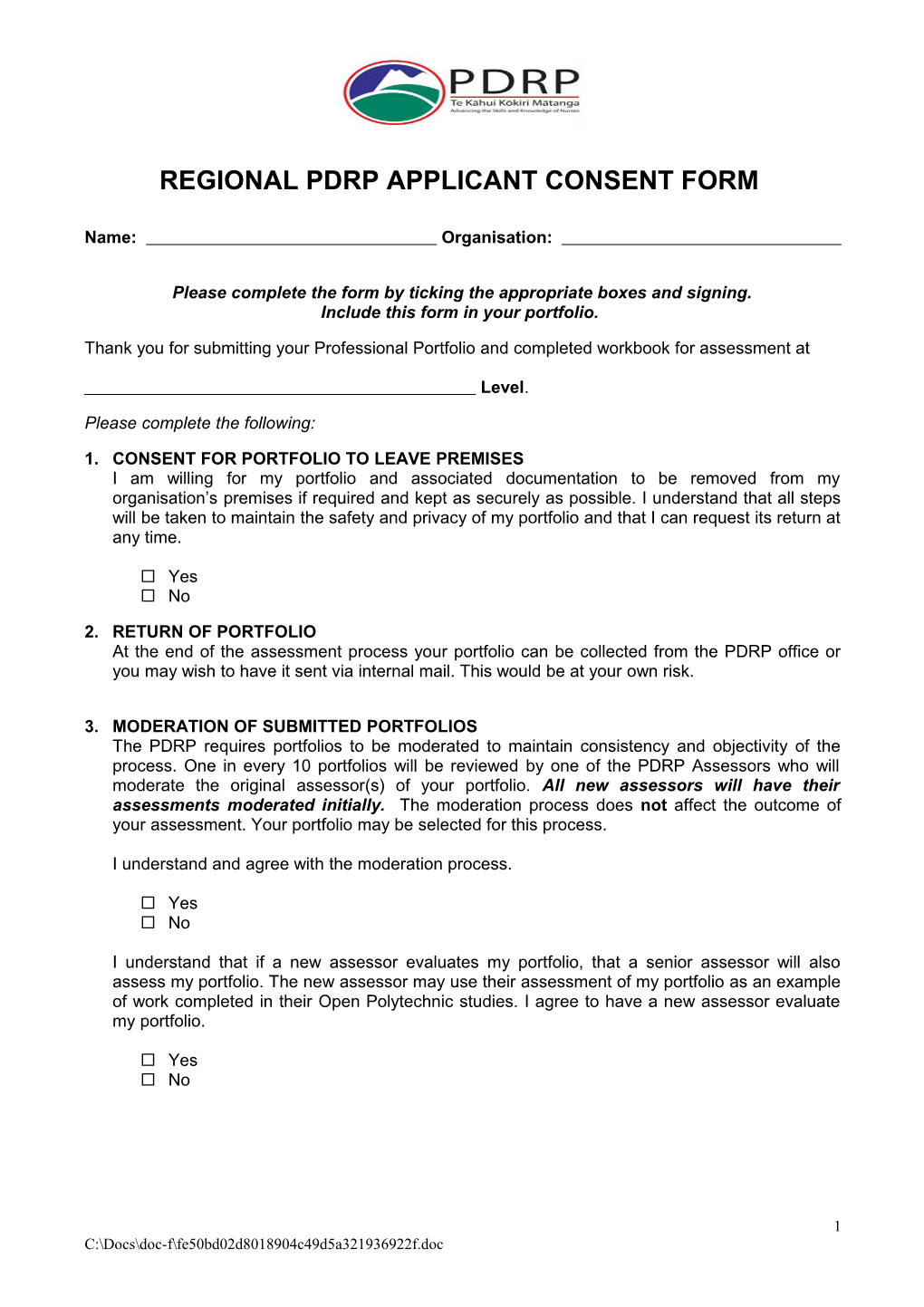 PDRP Applicant Consent Form for Proficient/Expert Levels