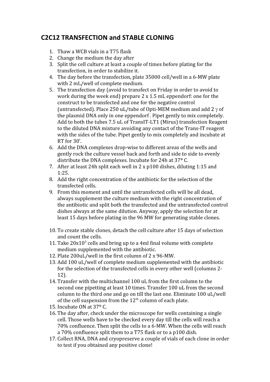 C2C12 TRANSFECTION and STABLE CLONING