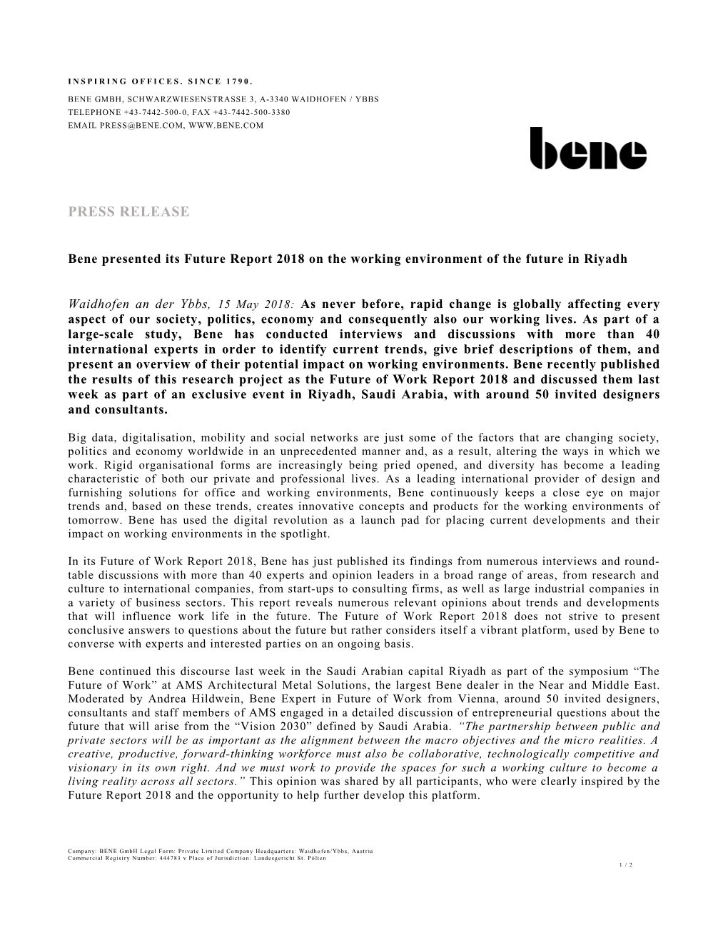 Bene Presented Its Future Report 2018 on the Working Environment of the Future in Riyadh