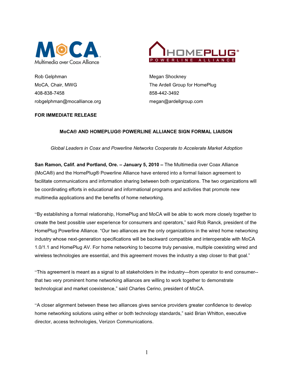 Moca and HOMEPLUG POWERLINE ALLIANCE SIGN FORMAL LIAISON