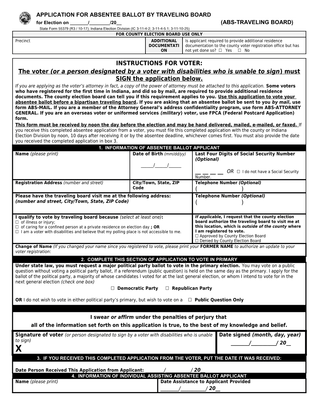 Application for Absentee Ballot by Traveling Board