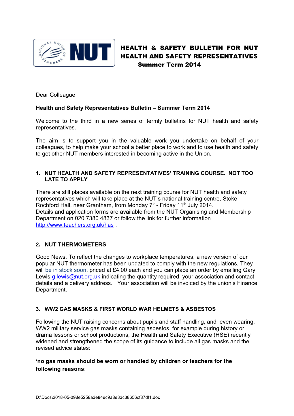 Health and Safety Representatives Bulletin Summer Term 2014