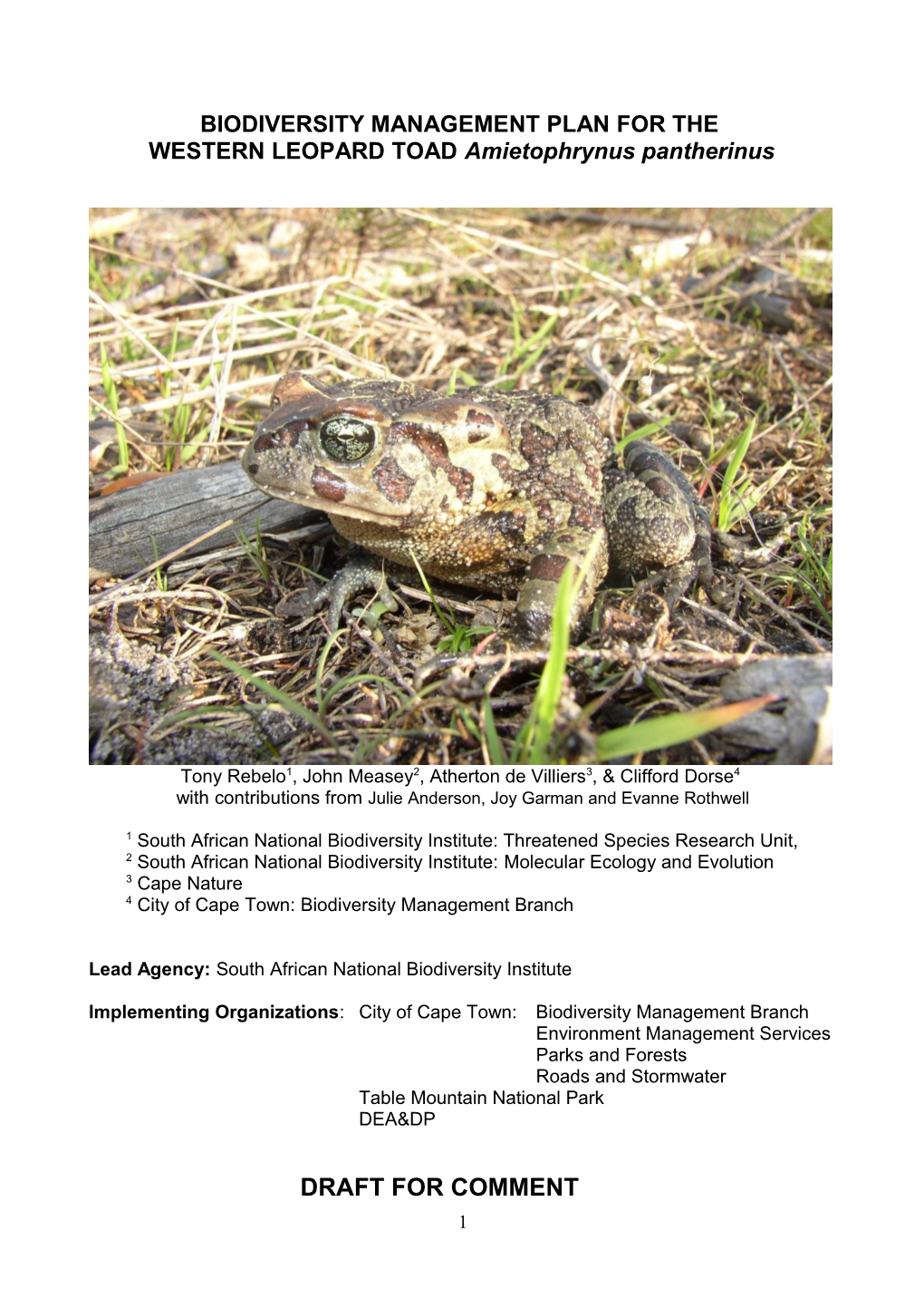 Biodiversity Management Plan for the Leopard Toad