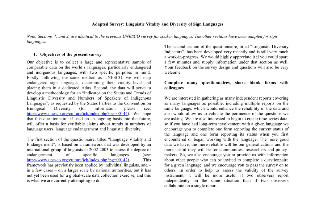 Adapted Survey: Linguistic Vitality and Diversity of Sign Languages