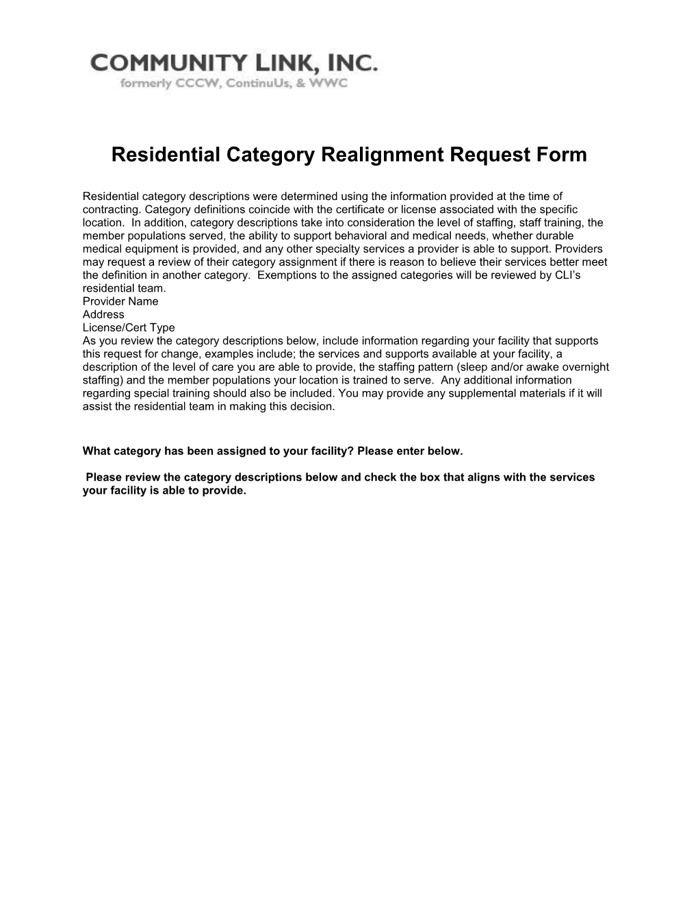 Residential Categoryrealignmentrequest Form