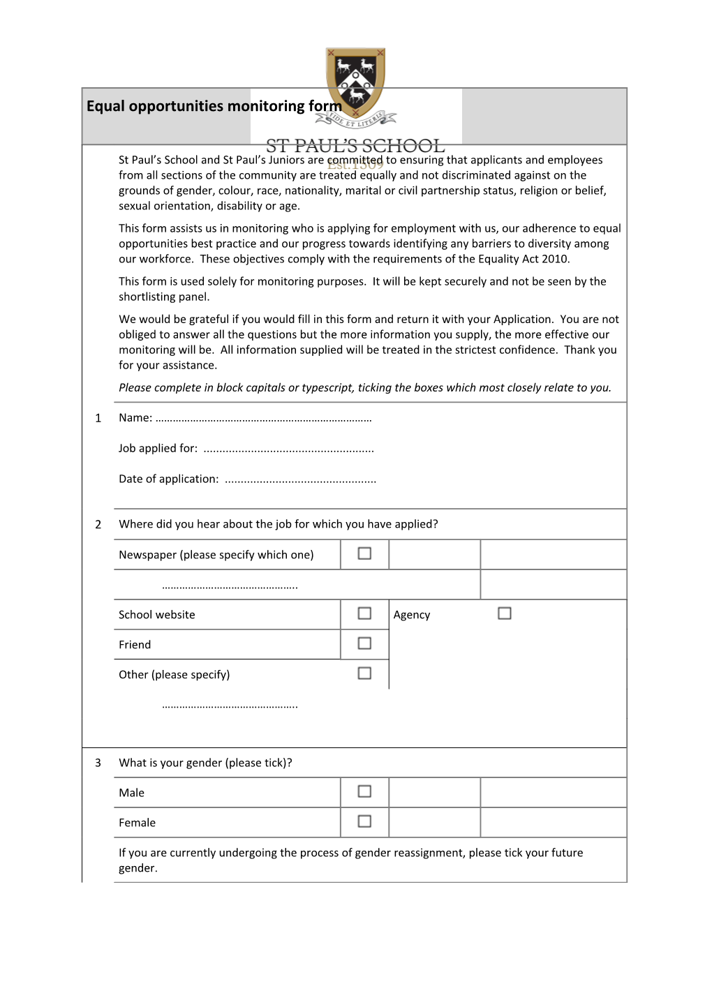 Emp: Safer Recruitment Pack: Equal Opportunities Monitoring Form V3.3 30 Oct 13