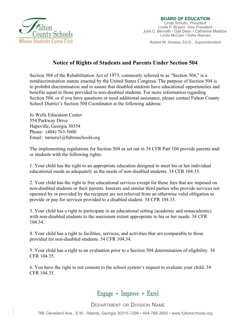 Notice of Rights of Students and Parents Under Section 504