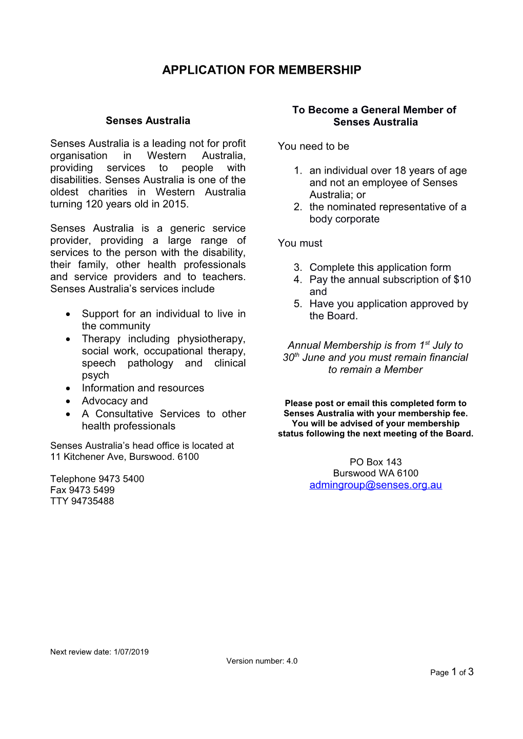 FORM Application for Senses Australia Membership