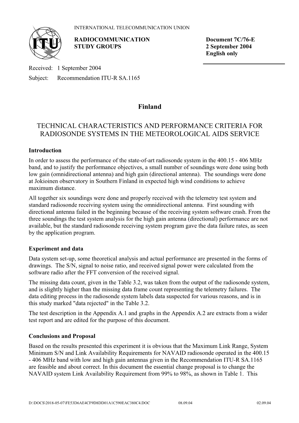 Subject: Recommendation ITU-R SA.1165