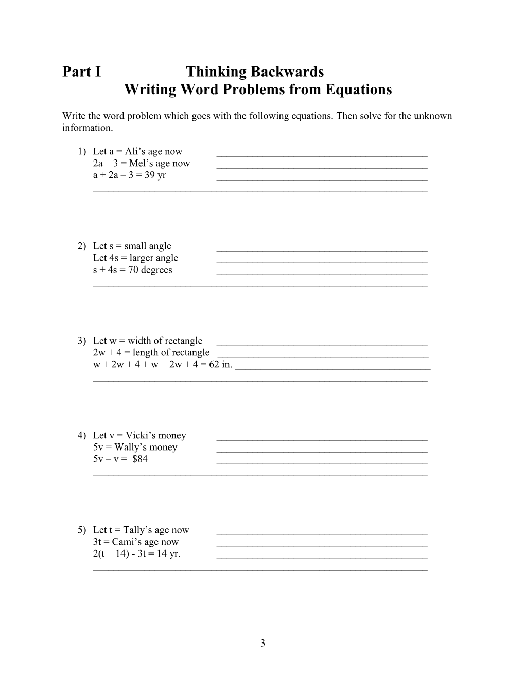 Writing Word Problems from Given Equations