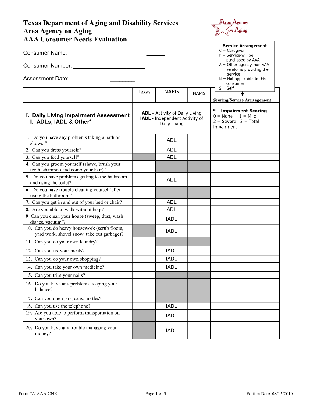 Form 2060, Consumer Needs Assessment Questionnaire and Task/Hour Guide s1