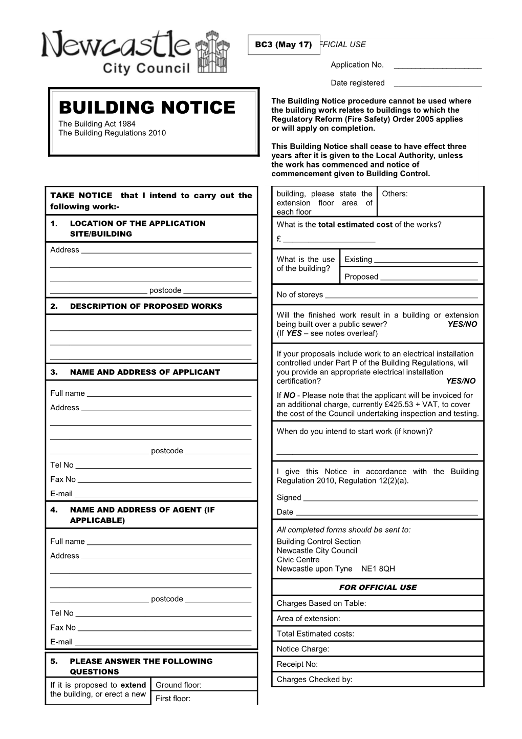 NOTE: If This Application Is for a Domestic Extension the Section Overleaf Regarding Glazing