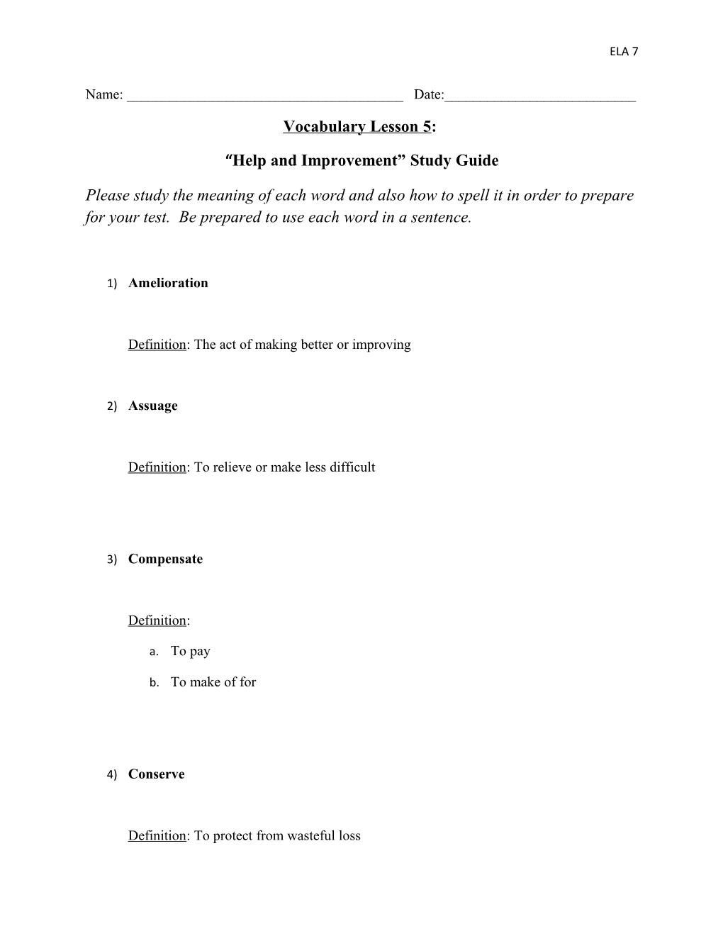 Help and Improvement Study Guide