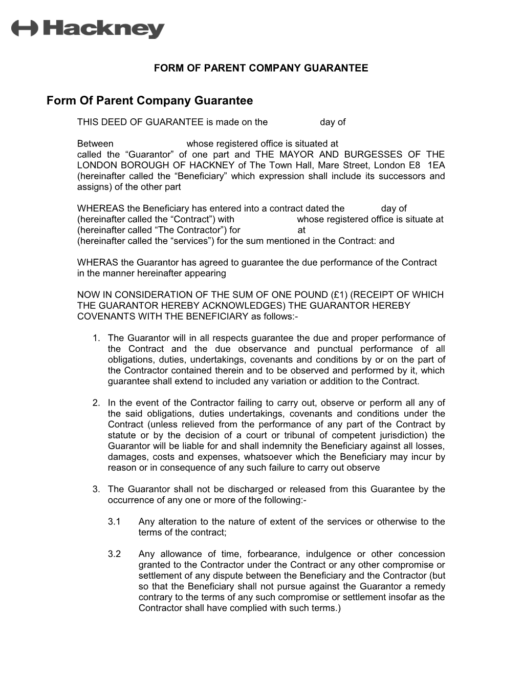 Form of Parent Company Guarantee