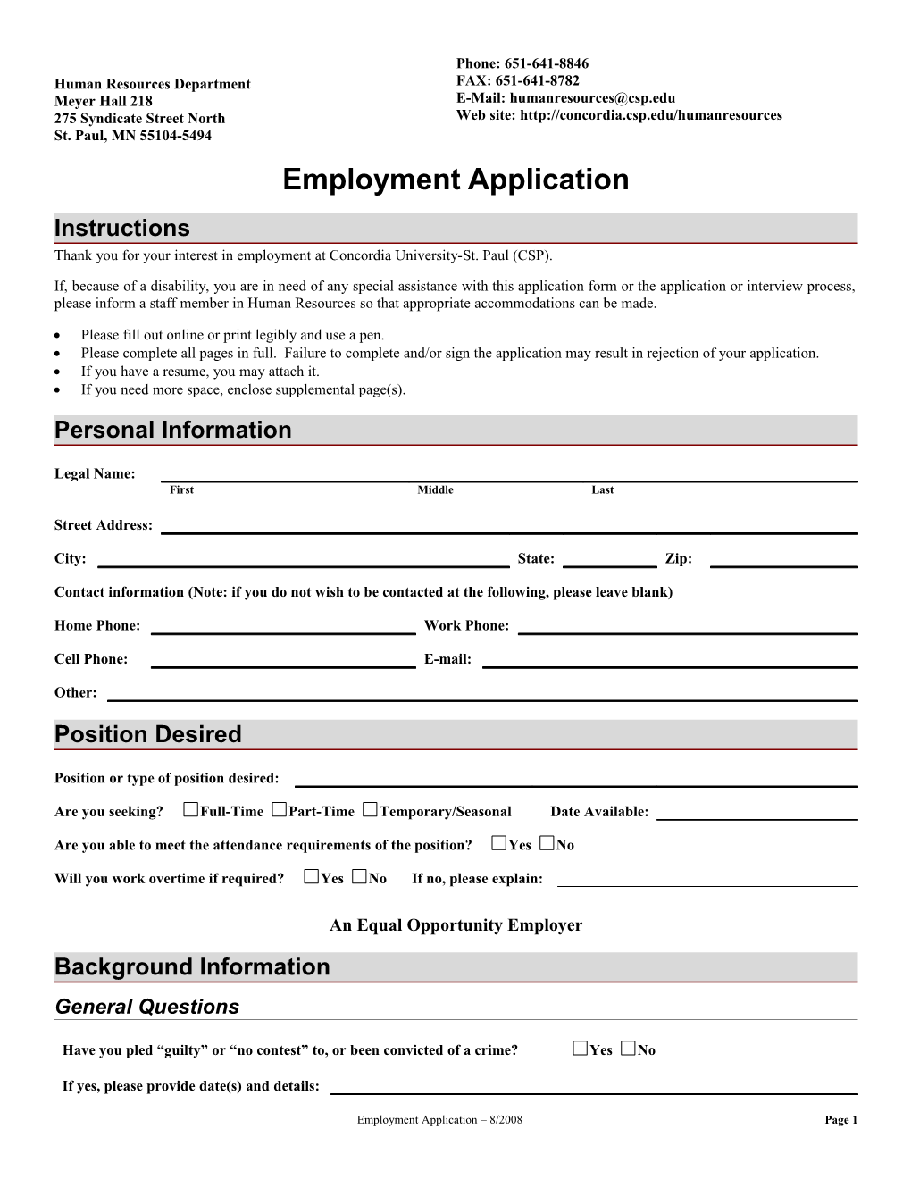 CSP Staff Employment Application