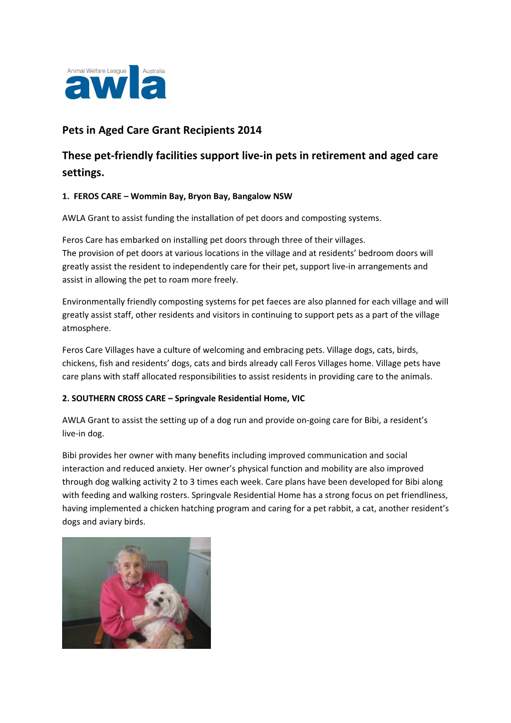 Pets in Aged Care Grant Recipients 2014